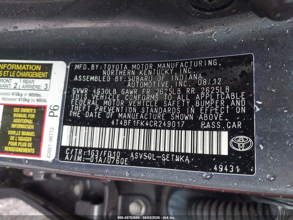 4T4BF1FK4CR249017 2012 TOYOTA CAMRY photo no. 9
