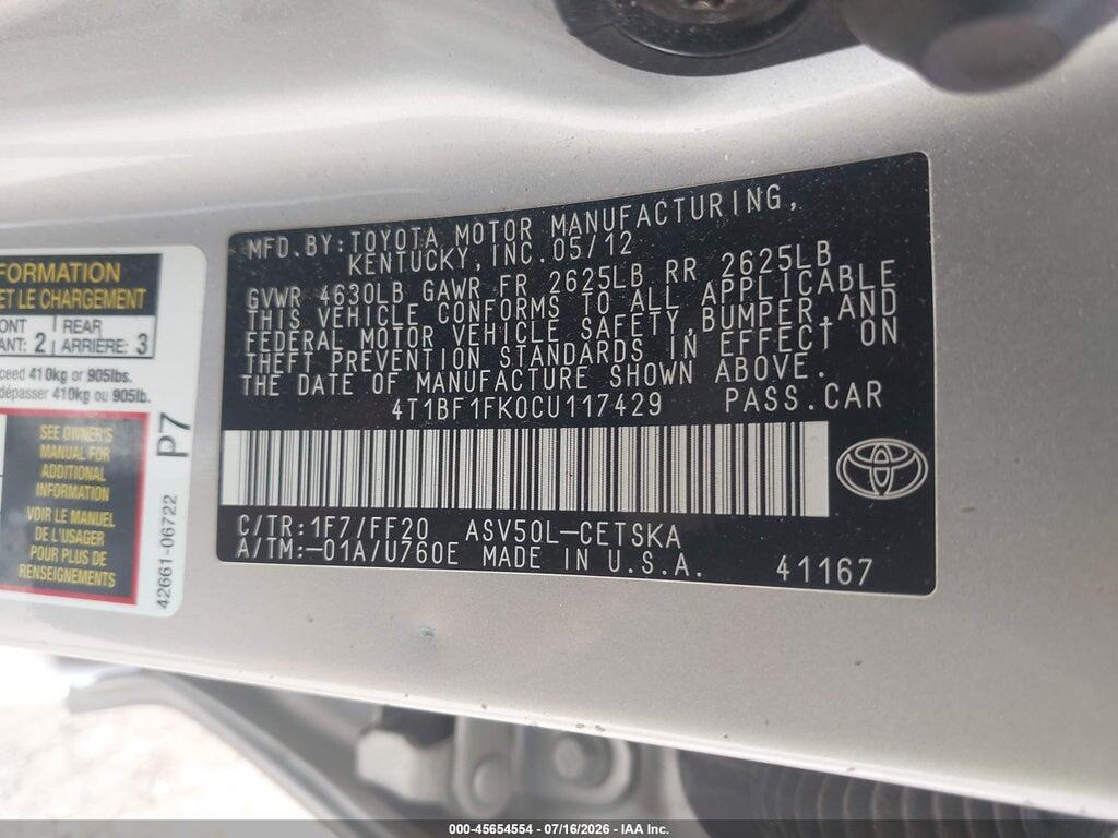 4T1BF1FK0CU117429 2012 TOYOTA CAMRY photo no. 9