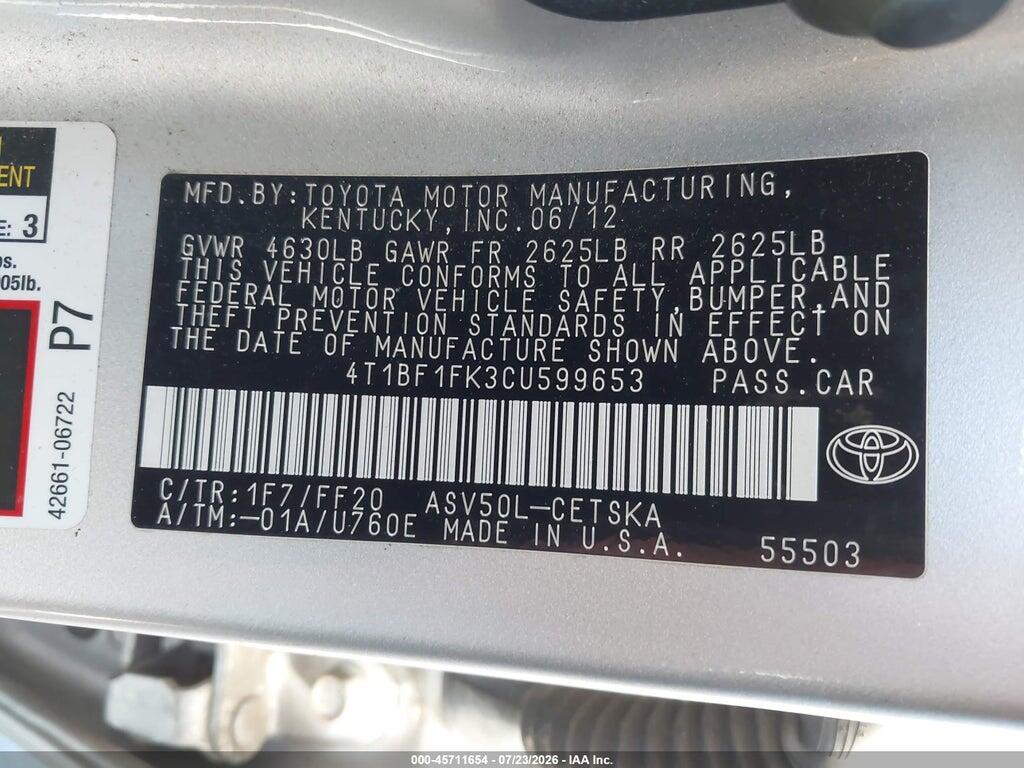 4T1BF1FK3CU599653 2012 TOYOTA CAMRY photo no. 9