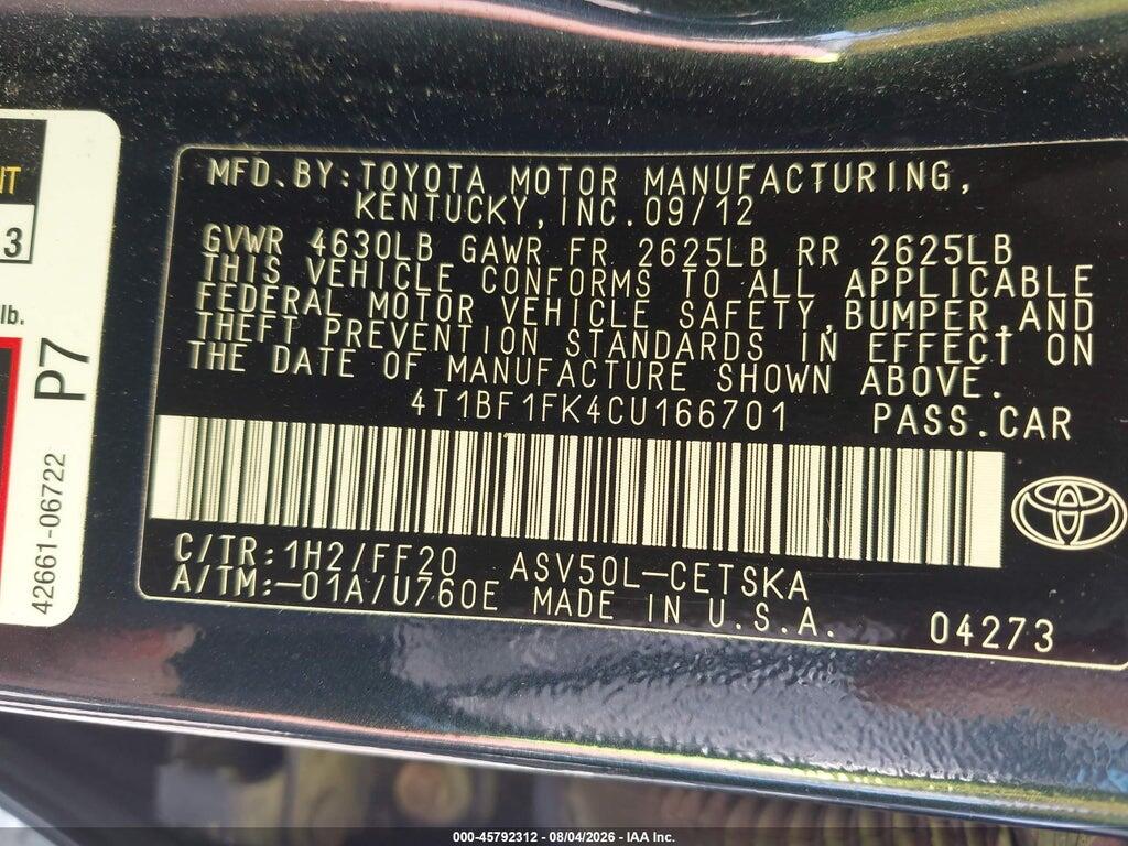 4T1BF1FK4CU166701 2012 TOYOTA CAMRY photo no. 9