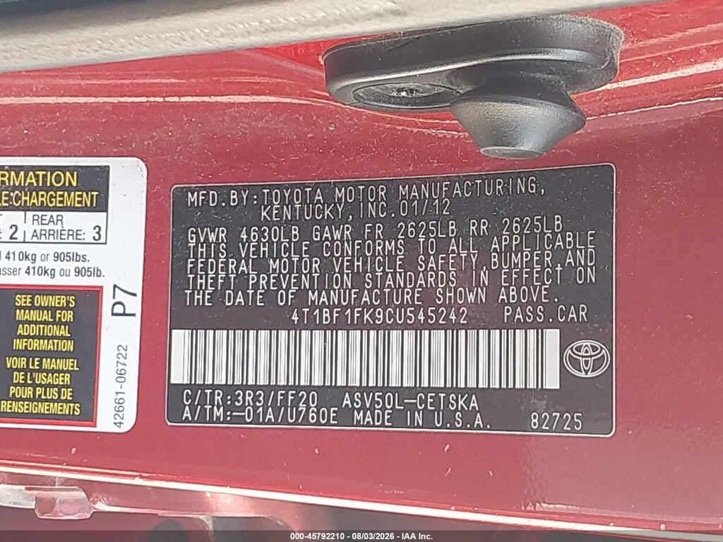 4T1BF1FK9CU545242 2012 TOYOTA CAMRY photo no. 9