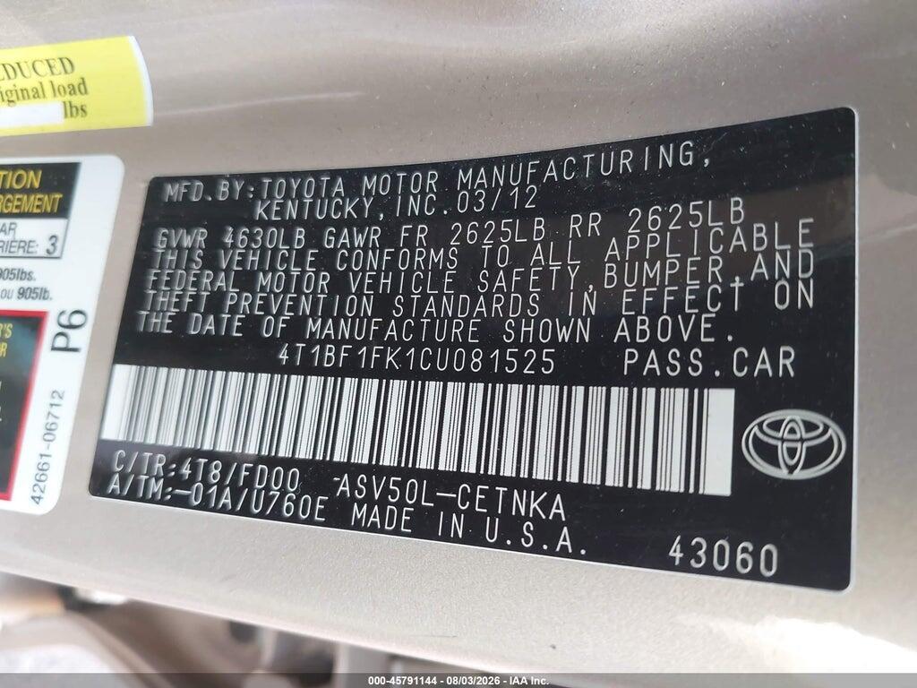 4T1BF1FK1CU081525 2012 TOYOTA CAMRY photo no. 9