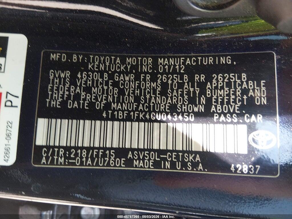 4T1BF1FK4CU043450 2012 TOYOTA CAMRY photo no. 9