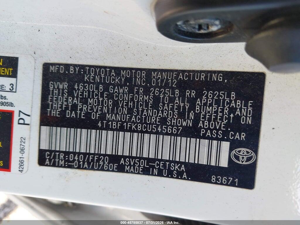 4T1BF1FK8CU545667 2012 TOYOTA CAMRY photo no. 9