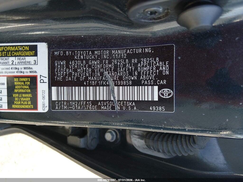 4T1BF1FK4CU199858 2012 TOYOTA CAMRY photo no. 9
