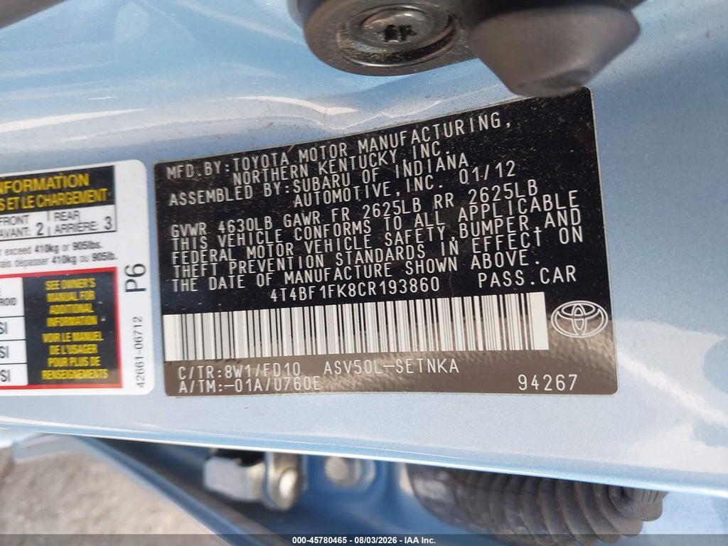 4T4BF1FK8CR193860 2012 TOYOTA CAMRY photo no. 9