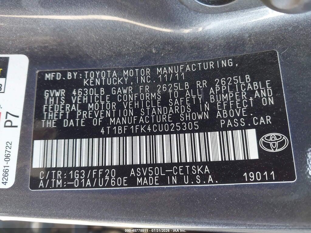 4T1BF1FK4CU025305 2012 TOYOTA CAMRY photo no. 9