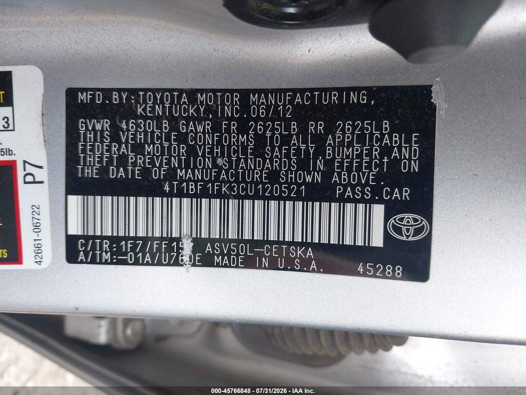 4T1BF1FK3CU120521 2012 TOYOTA CAMRY photo no. 9