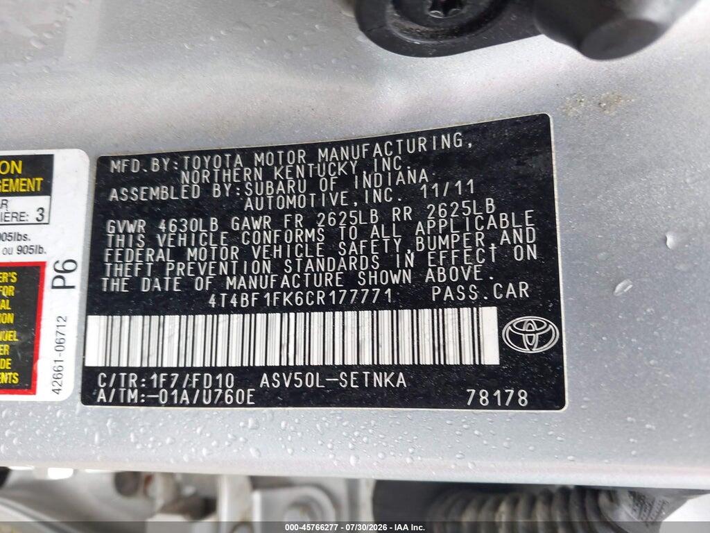 4T4BF1FK6CR177771 2012 TOYOTA CAMRY photo no. 9