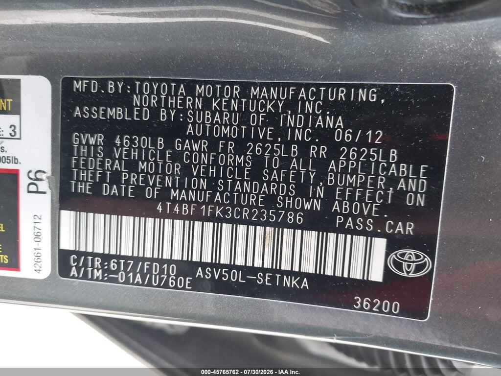 4T4BF1FK3CR235786 2012 TOYOTA CAMRY photo no. 9