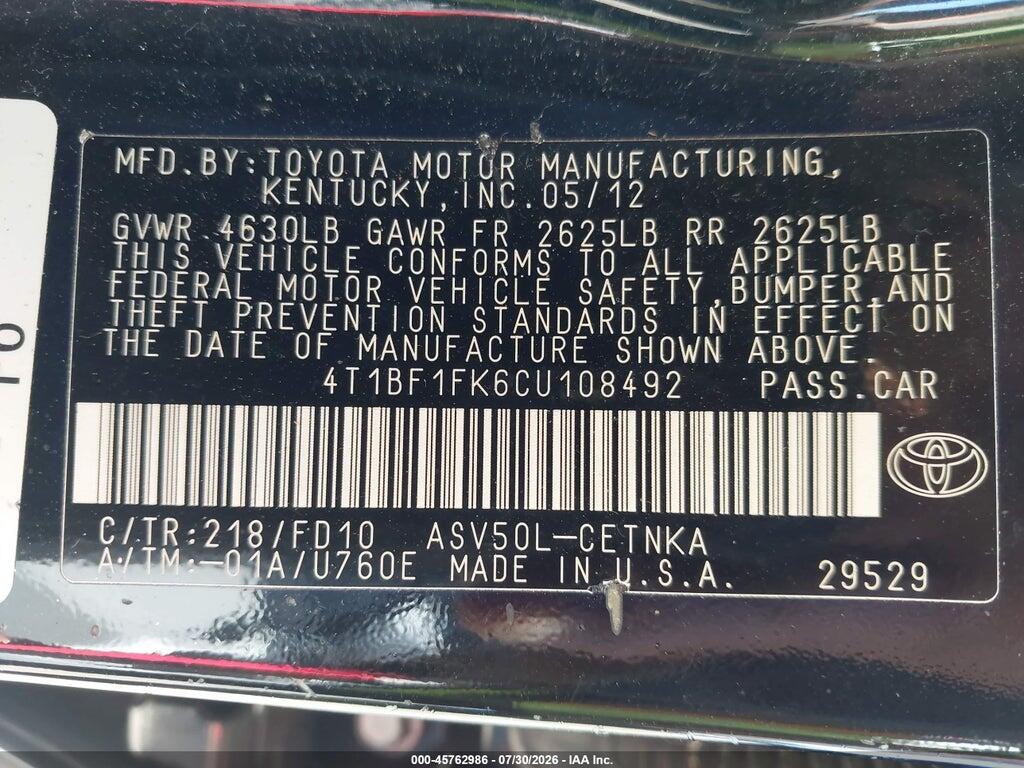 4T1BF1FK6CU108492 2012 TOYOTA CAMRY photo no. 9