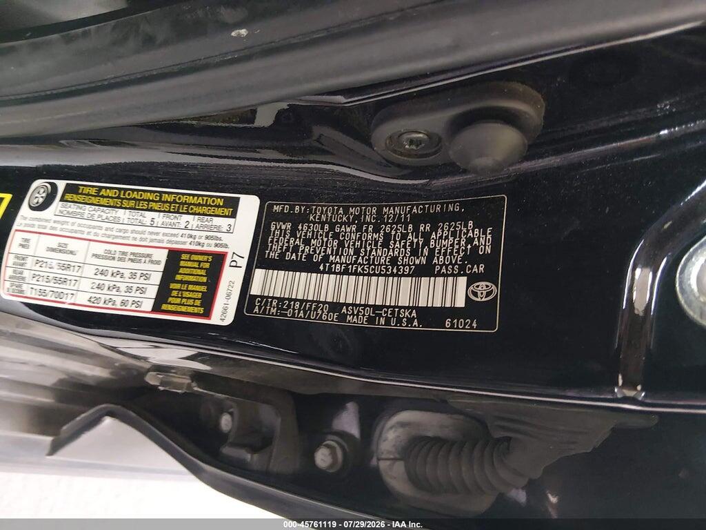 4T1BF1FK5CU534397 2012 TOYOTA CAMRY photo no. 9