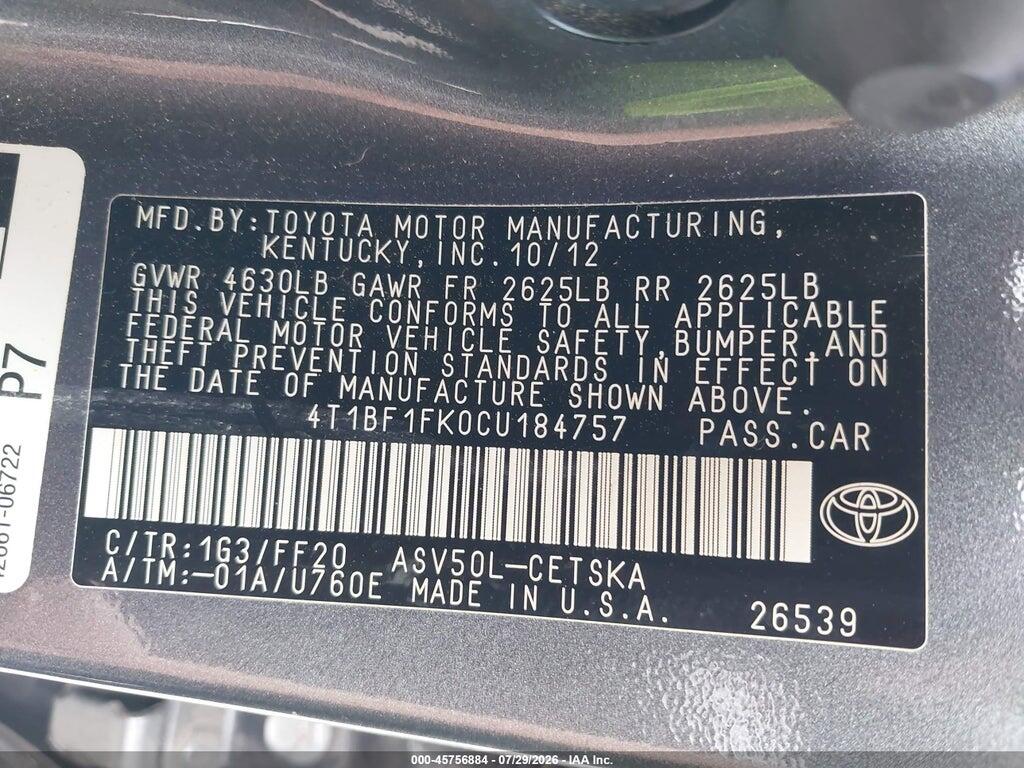 4T1BF1FK0CU184757 2012 TOYOTA CAMRY photo no. 9