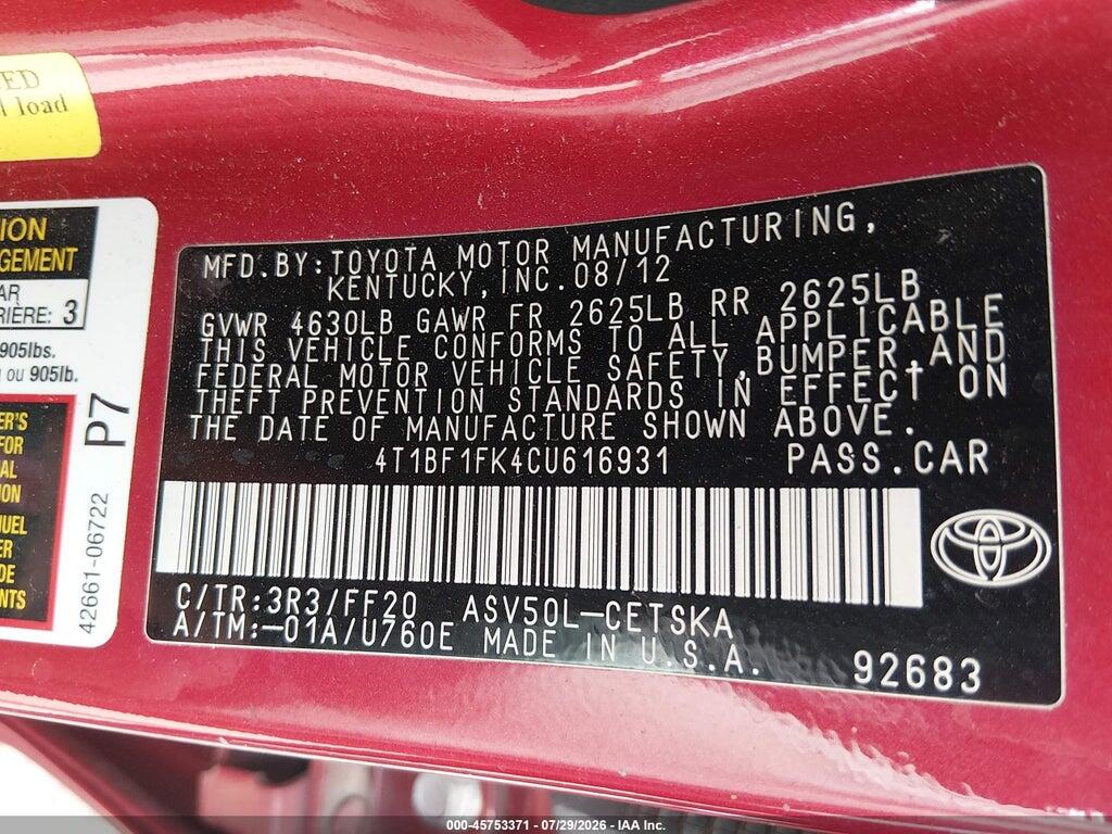 4T1BF1FK4CU616931 2012 TOYOTA CAMRY photo no. 9