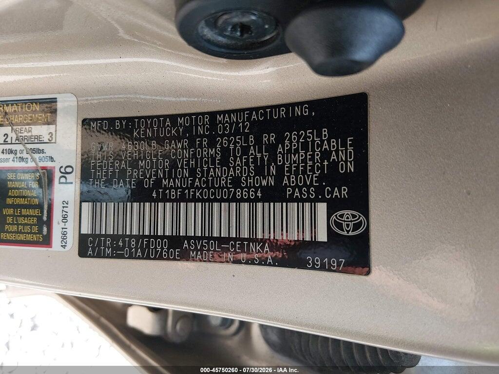 4T1BF1FK0CU078664 2012 TOYOTA CAMRY photo no. 9