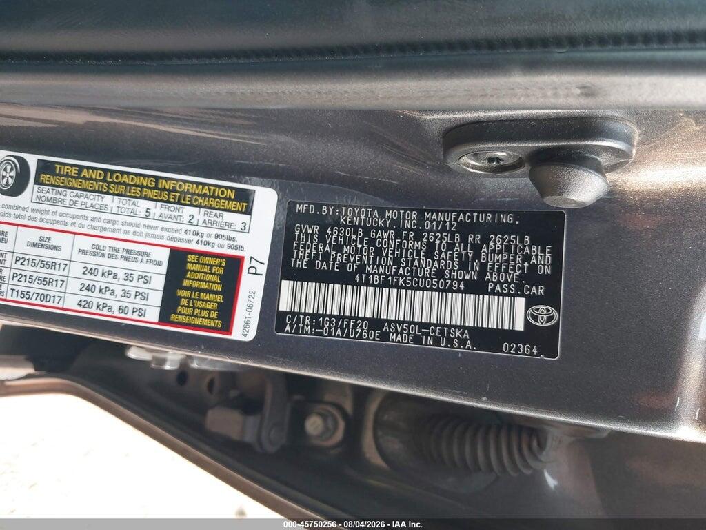 4T1BF1FK5CU050794 2012 TOYOTA CAMRY photo no. 9