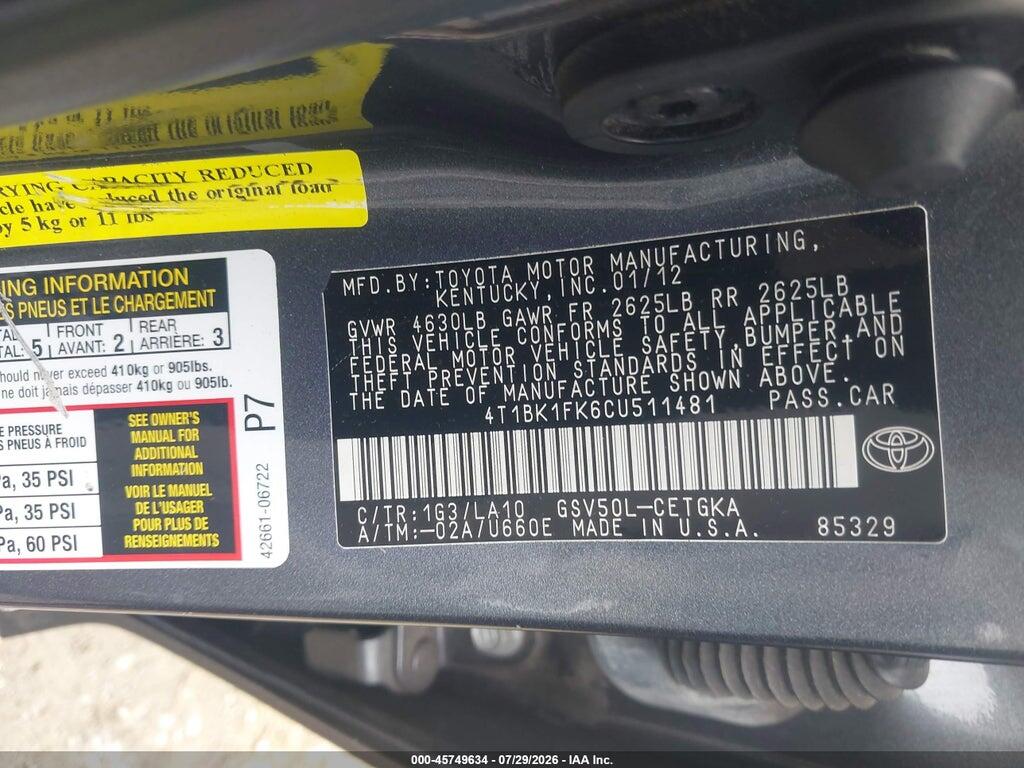 4T1BK1FK6CU511481 2012 TOYOTA CAMRY photo no. 9