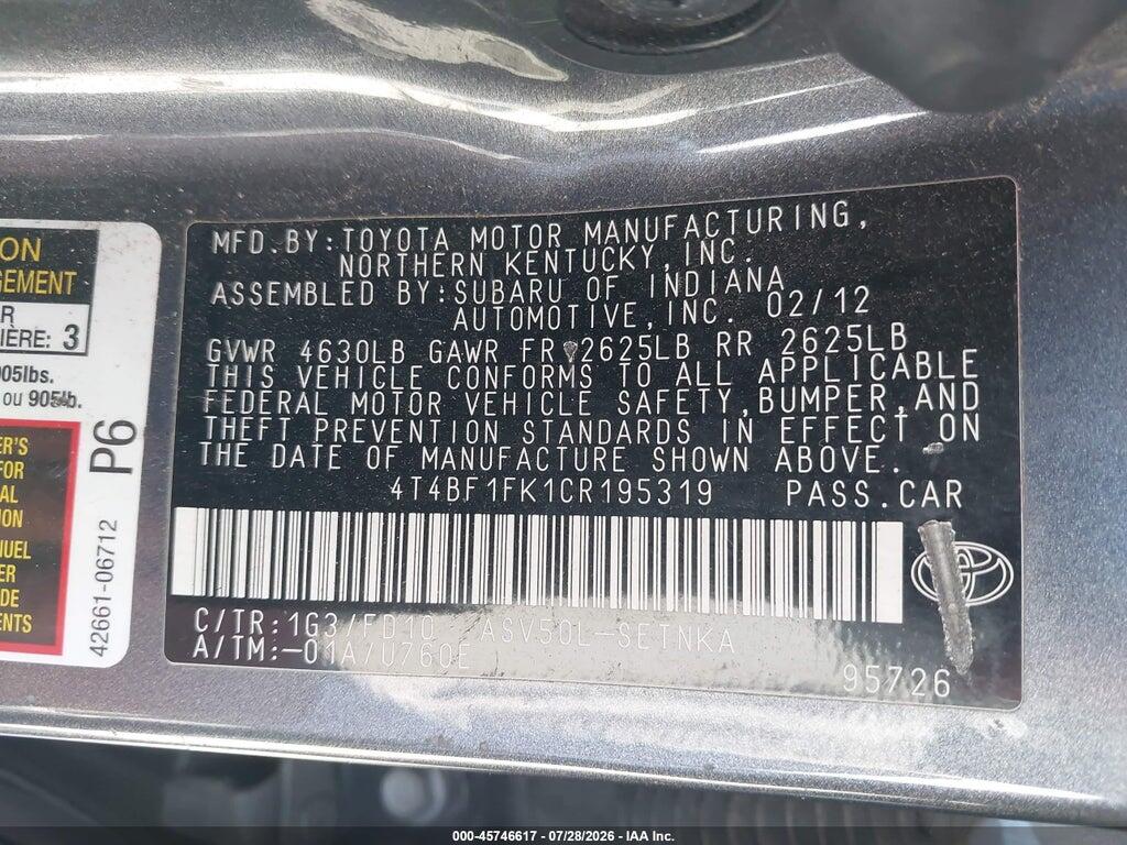 4T4BF1FK1CR195319 2012 TOYOTA CAMRY photo no. 9