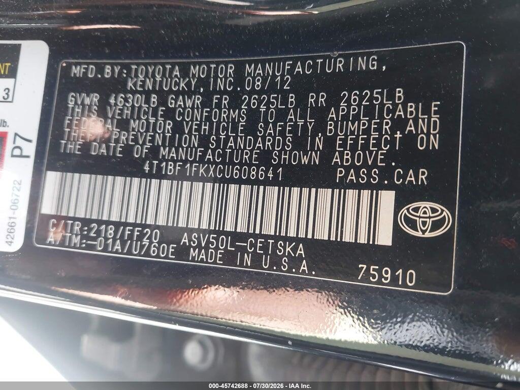 4T1BF1FKXCU608641 2012 TOYOTA CAMRY photo no. 9