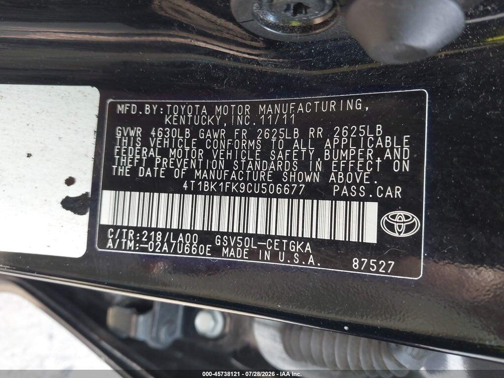 4T1BK1FK9CU506677 2012 TOYOTA CAMRY photo no. 9