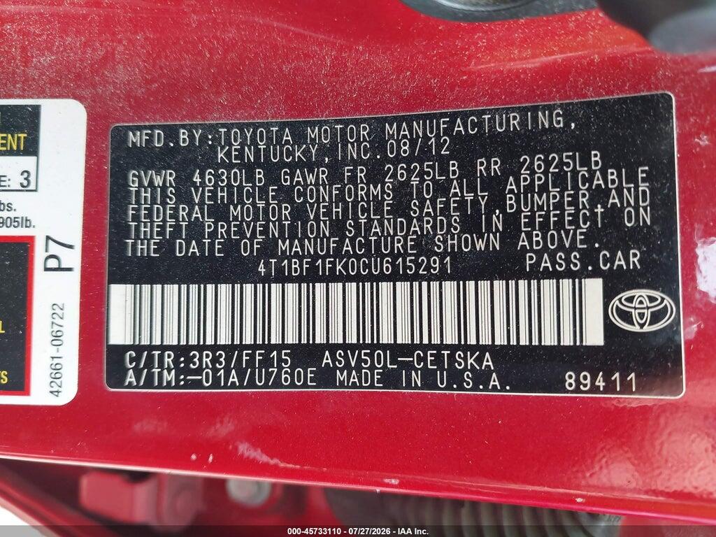 4T1BF1FK0CU615291 2012 TOYOTA CAMRY photo no. 9