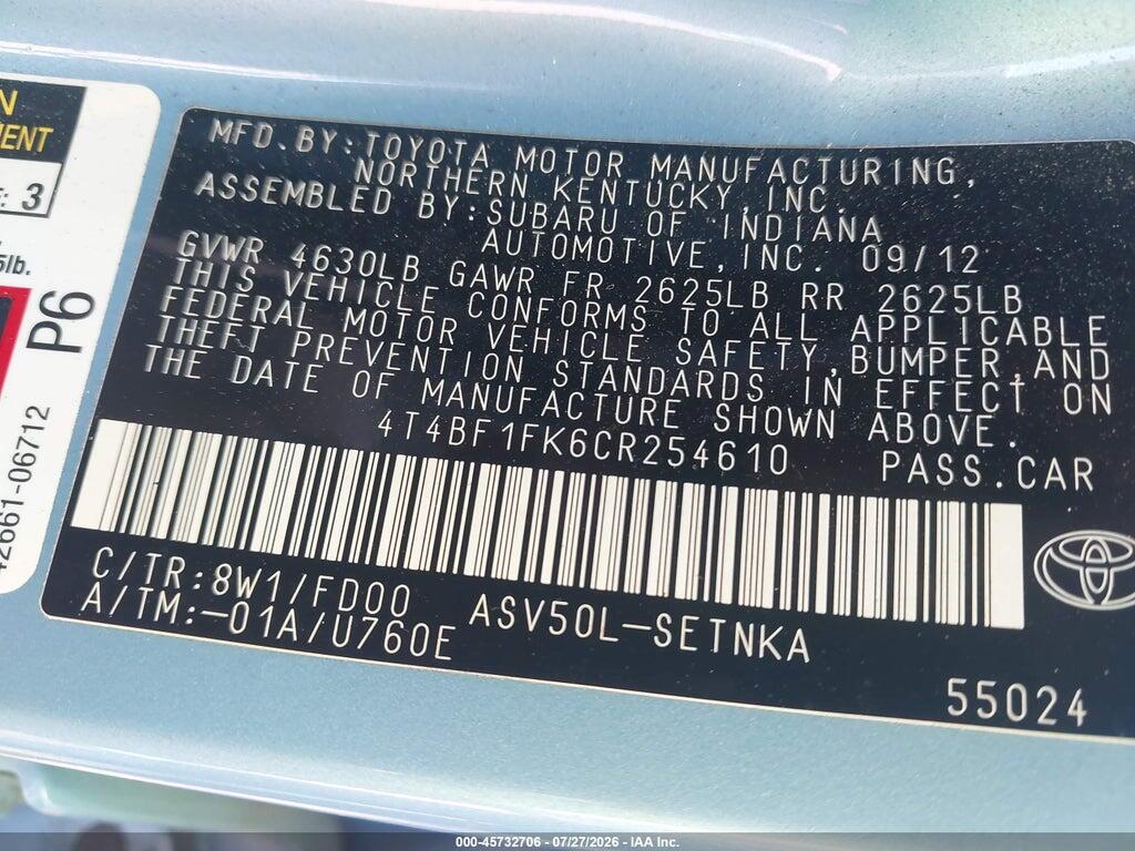 4T4BF1FK6CR254610 2012 TOYOTA CAMRY photo no. 9
