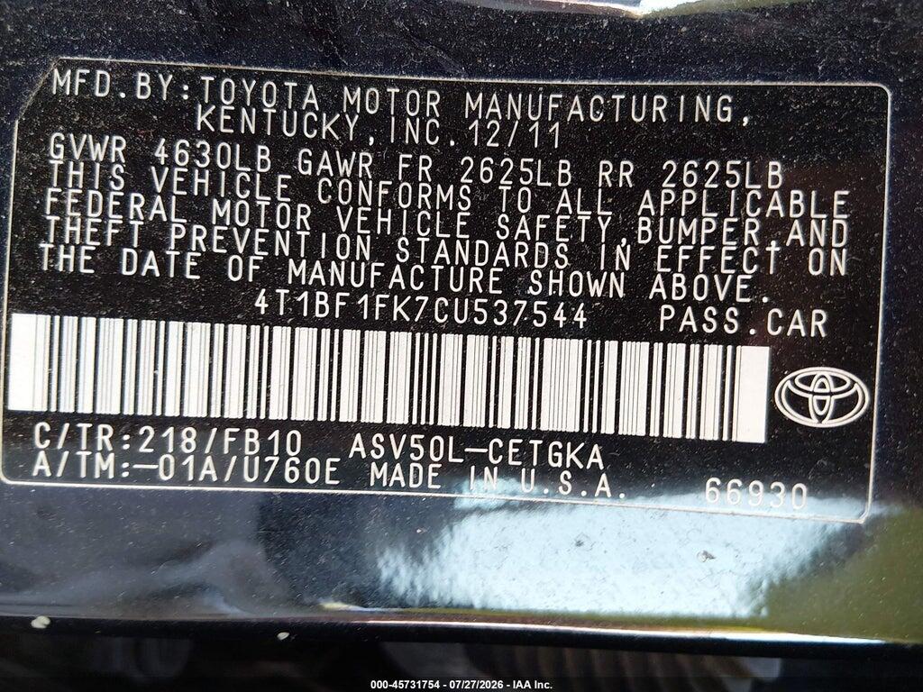 4T1BF1FK7CU537544 2012 TOYOTA CAMRY photo no. 9