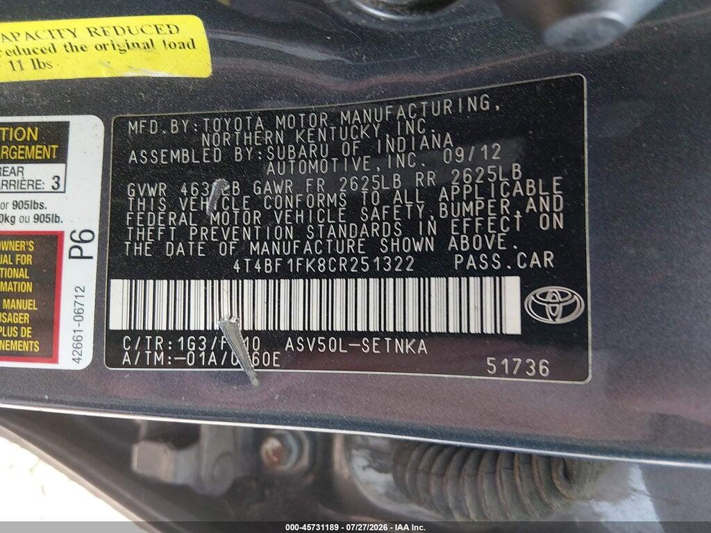 4T4BF1FK8CR251322 2012 TOYOTA CAMRY photo no. 9