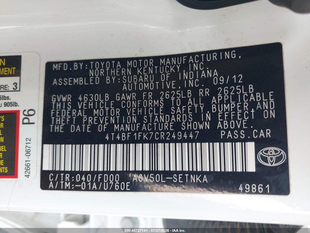 4T4BF1FK7CR249447 2012 TOYOTA CAMRY photo no. 9