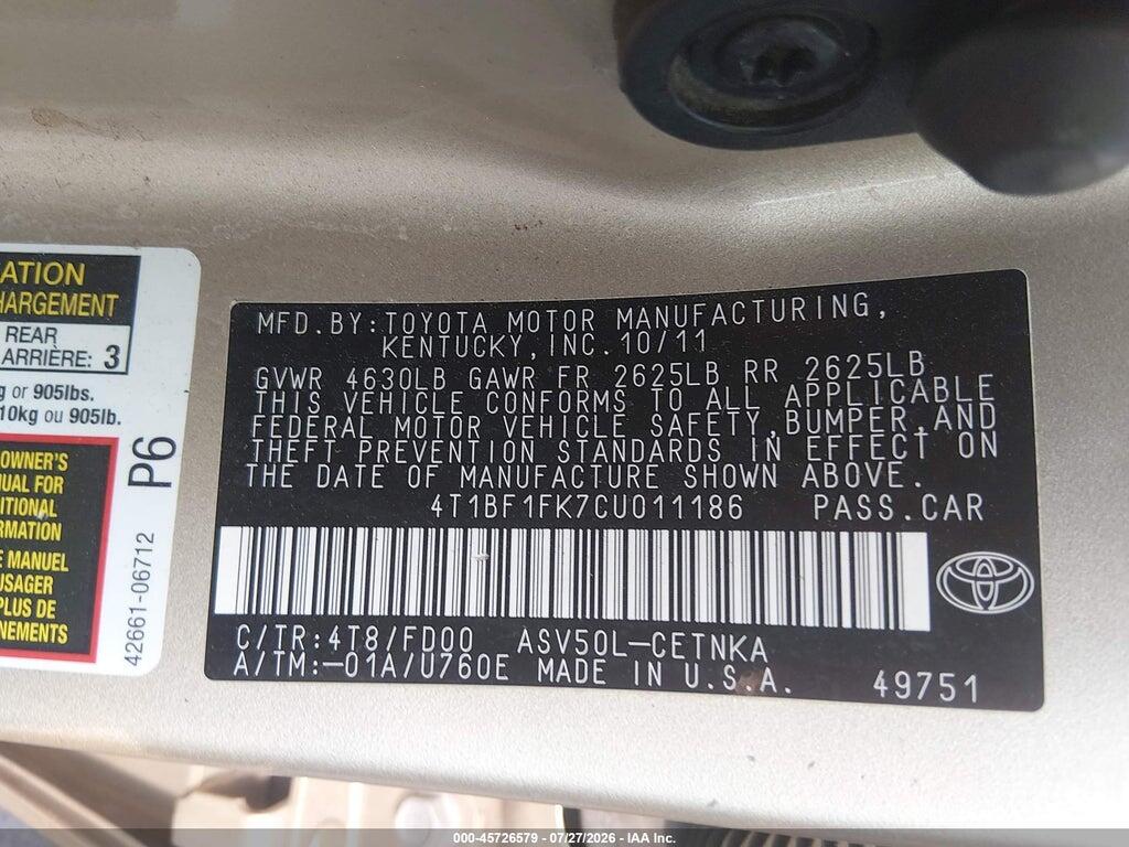4T1BF1FK7CU011186 2012 TOYOTA CAMRY photo no. 9