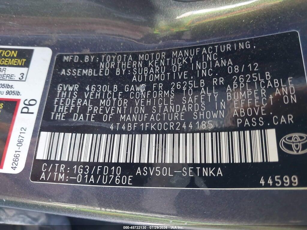 4T4BF1FK0CR244185 2012 TOYOTA CAMRY photo no. 9