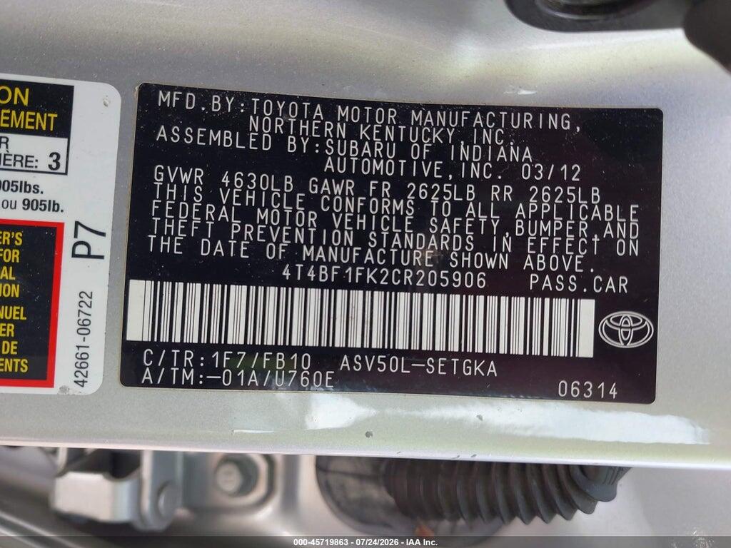 4T4BF1FK2CR205906 2012 TOYOTA CAMRY photo no. 9
