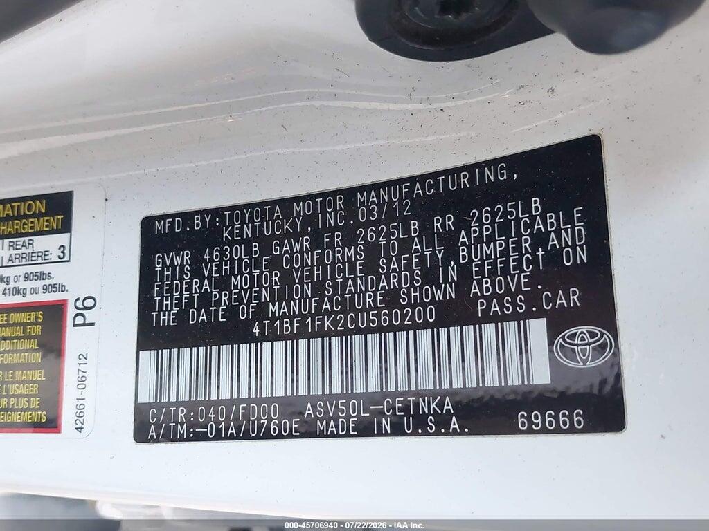 4T1BF1FK2CU560200 2012 TOYOTA CAMRY photo no. 9