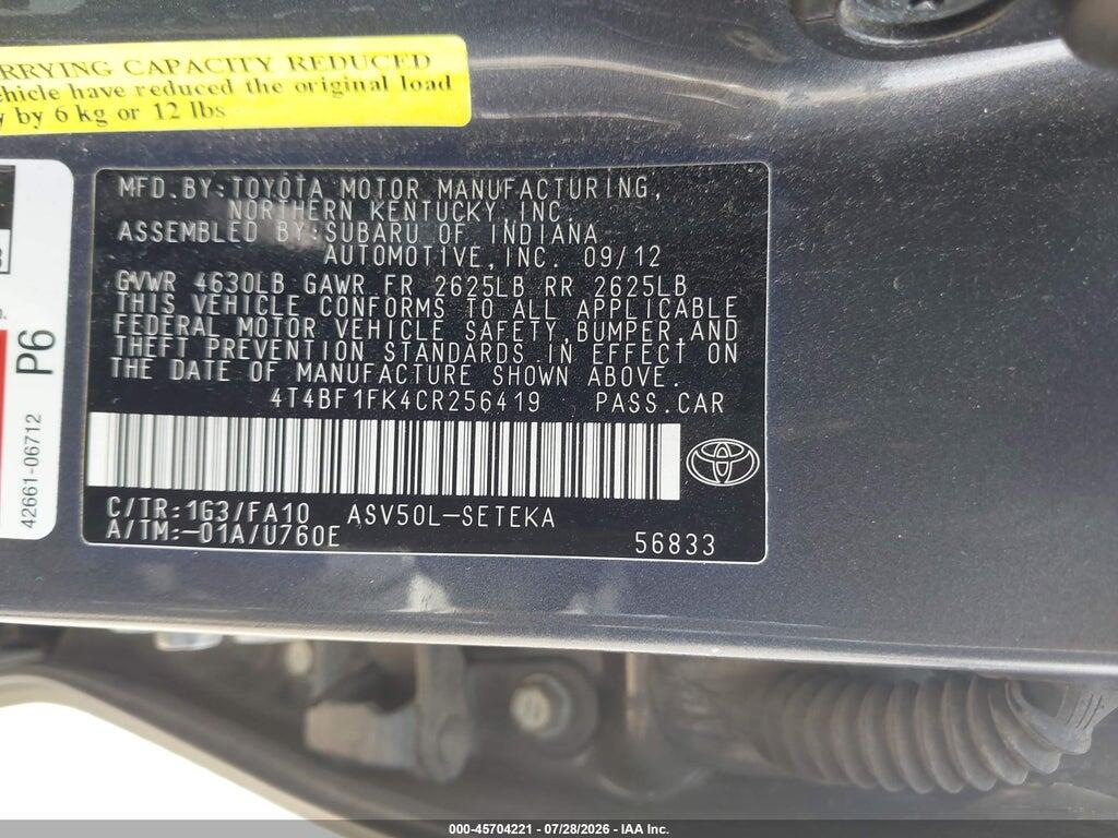 4T4BF1FK4CR256419 2012 TOYOTA CAMRY photo no. 9