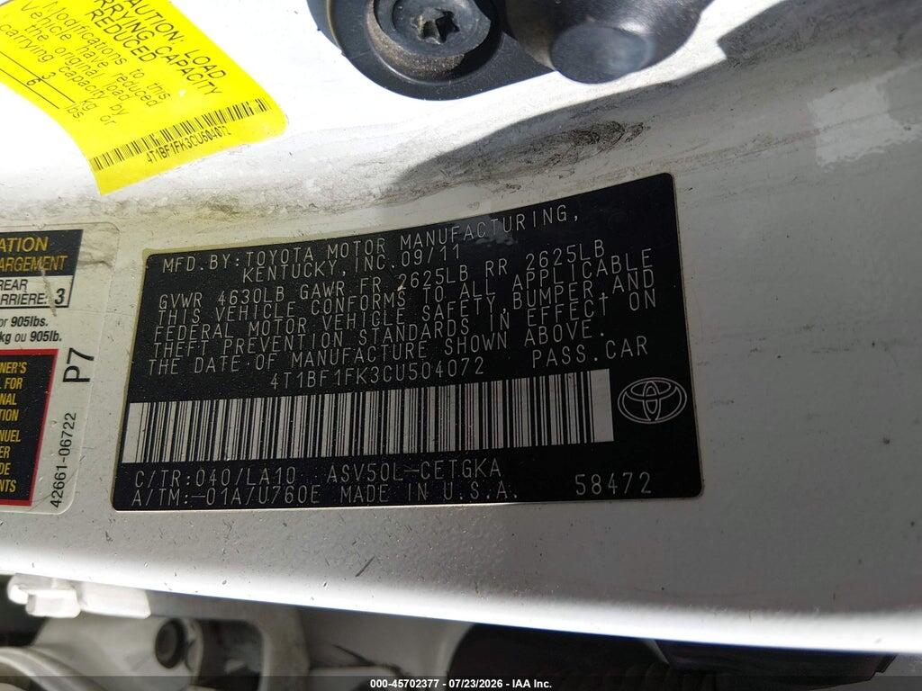 4T1BF1FK3CU504072 2012 TOYOTA CAMRY photo no. 9