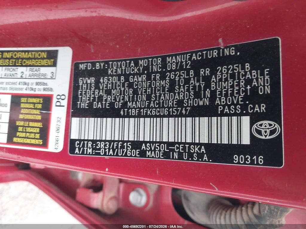4T1BF1FK6CU615747 2012 TOYOTA CAMRY photo no. 9