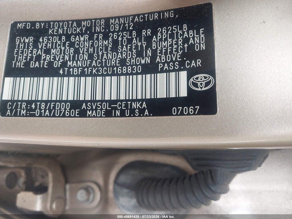 4T1BF1FK3CU168830 2012 TOYOTA CAMRY photo no. 9