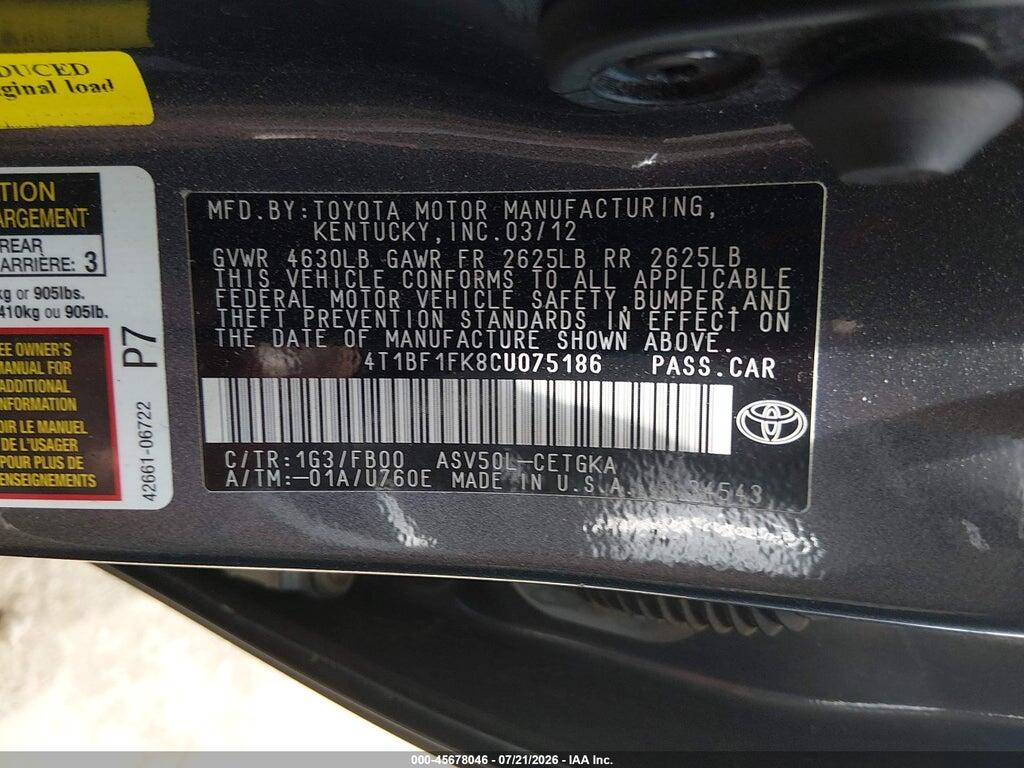 4T1BF1FK8CU075186 2012 TOYOTA CAMRY photo no. 9