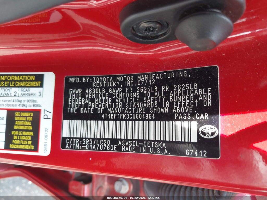 4T1BF1FK3CU604964 2012 TOYOTA CAMRY photo no. 9