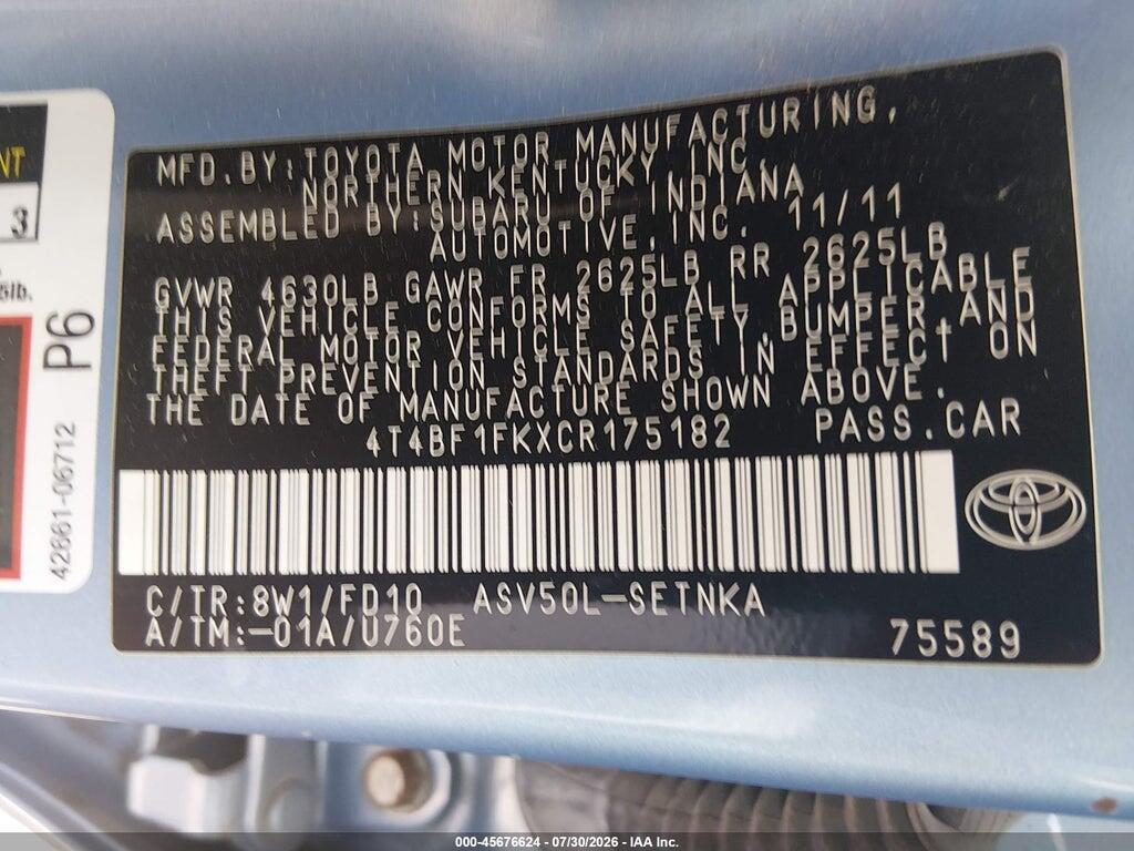 4T4BF1FKXCR175182 2012 TOYOTA CAMRY photo no. 9