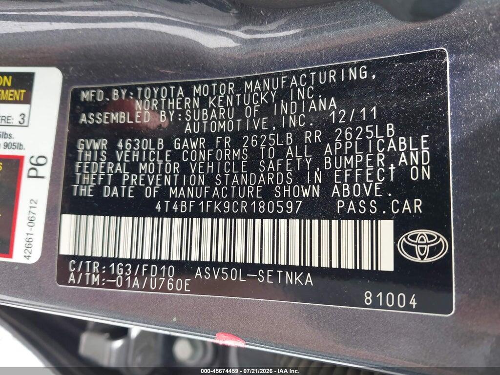 4T4BF1FK9CR180597 2012 TOYOTA CAMRY photo no. 9