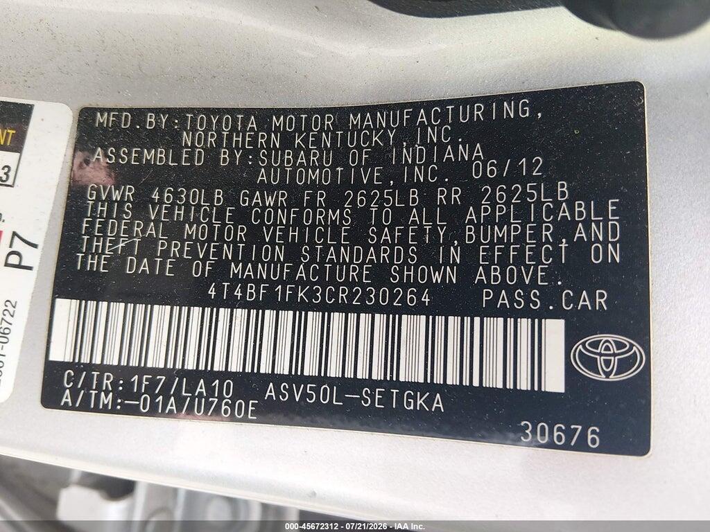 4T4BF1FK3CR230264 2012 TOYOTA CAMRY photo no. 9
