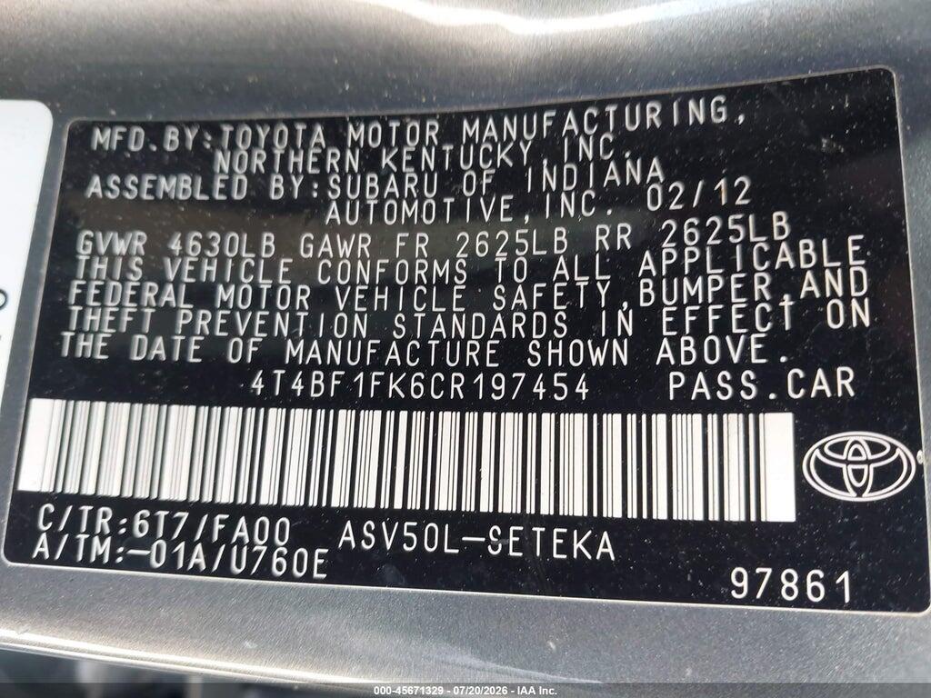 4T4BF1FK6CR197454 2012 TOYOTA CAMRY photo no. 9