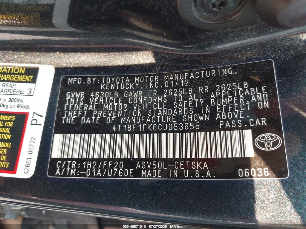 4T1BF1FK6CU053655 2012 TOYOTA CAMRY photo no. 9