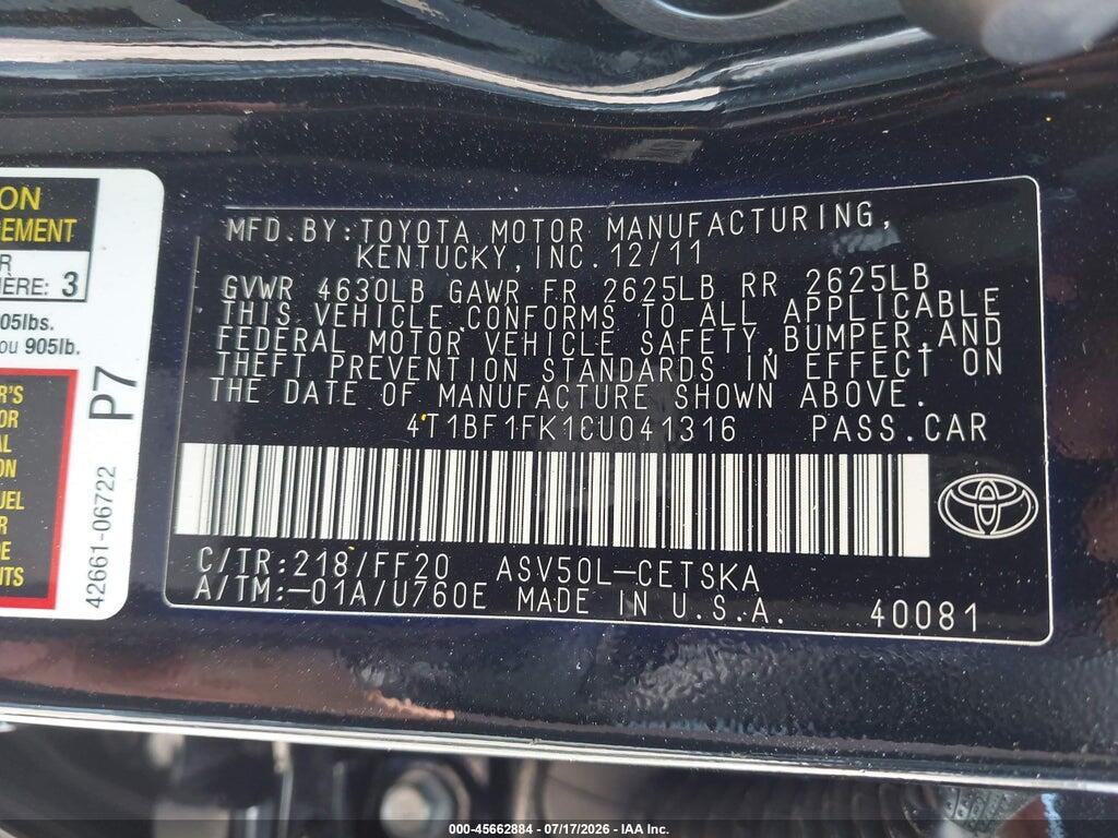 4T1BF1FK1CU041316 2012 TOYOTA CAMRY photo no. 9