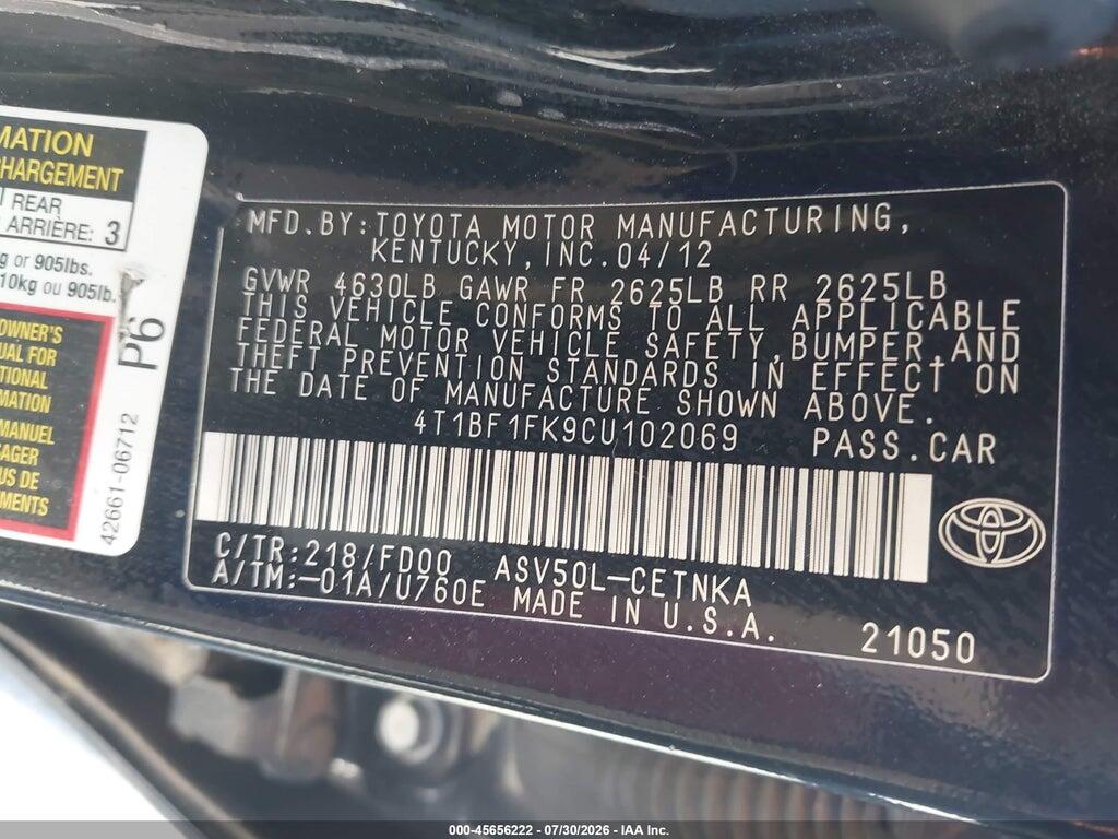 4T1BF1FK9CU102069 2012 TOYOTA CAMRY photo no. 9