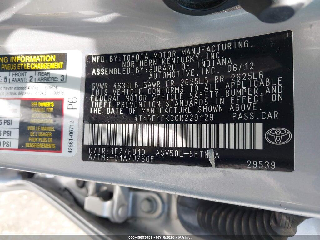 4T4BF1FK3CR229129 2012 TOYOTA CAMRY photo no. 9