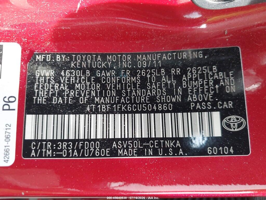 4T1BF1FK6CU504860 2012 TOYOTA CAMRY photo no. 9