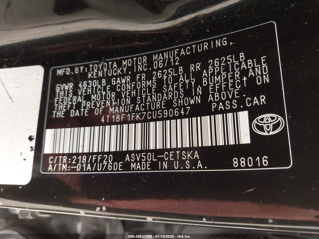 4T1BF1FK7CU590647 2012 TOYOTA CAMRY photo no. 9