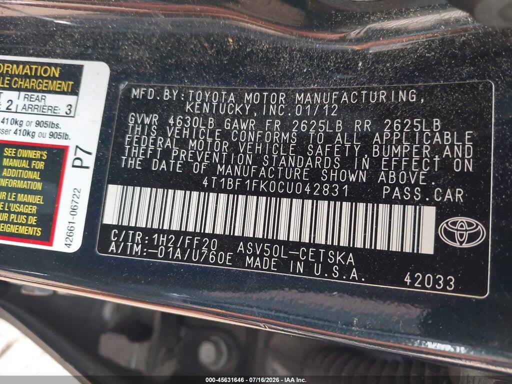 4T1BF1FK0CU042831 2012 TOYOTA CAMRY photo no. 9